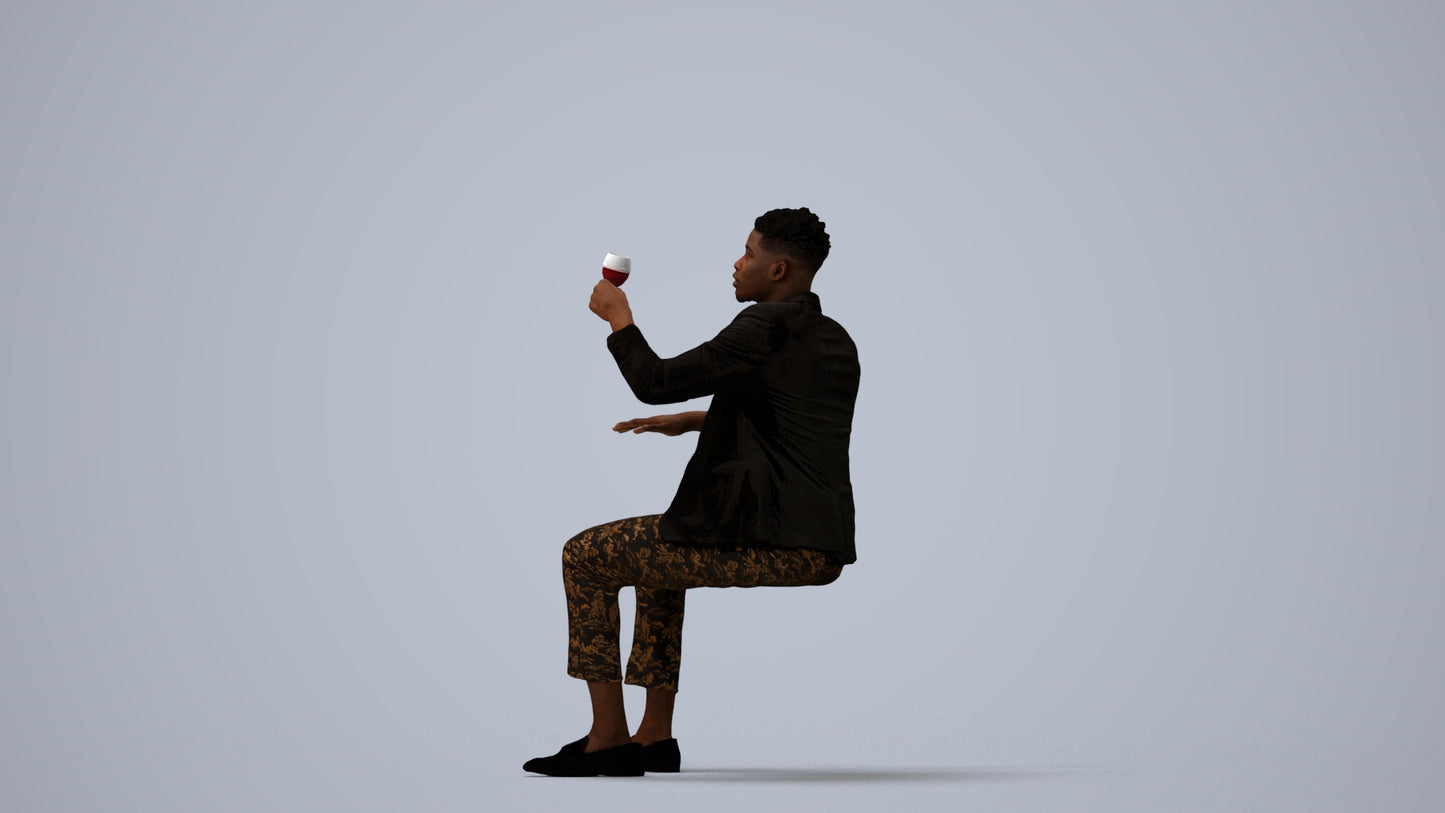 3D scanned man sitting formal, photorealistic archviz people for Enscape and SketchUp, three-quarter view render