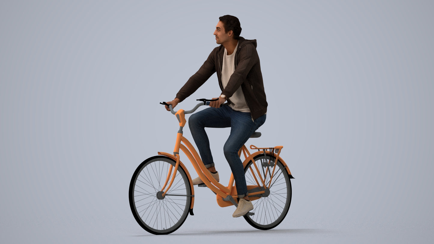 photogrammetry 3D man casual cycling, realistic human model archviz FBX, three-quarter view render