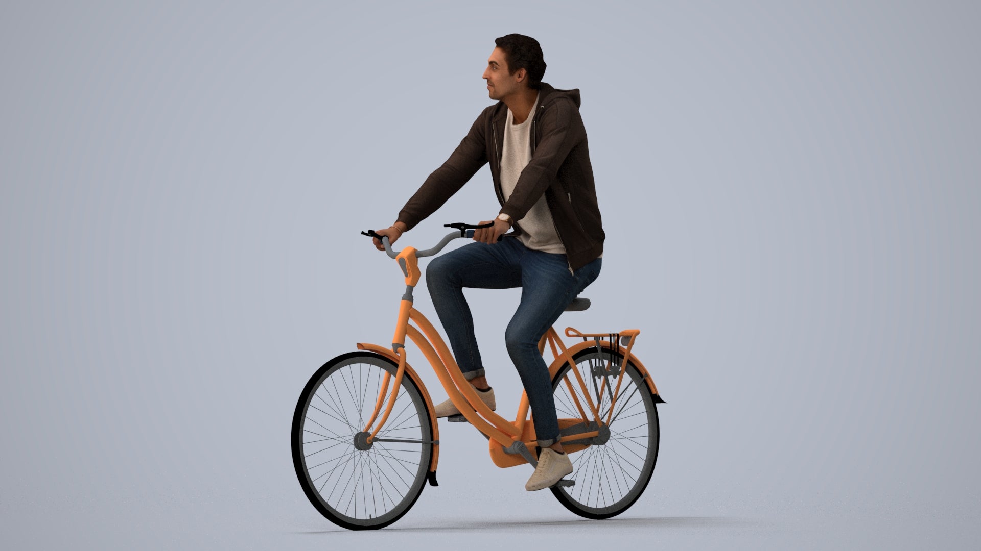 photogrammetry 3D man casual cycling, realistic human model archviz FBX, three-quarter view render
