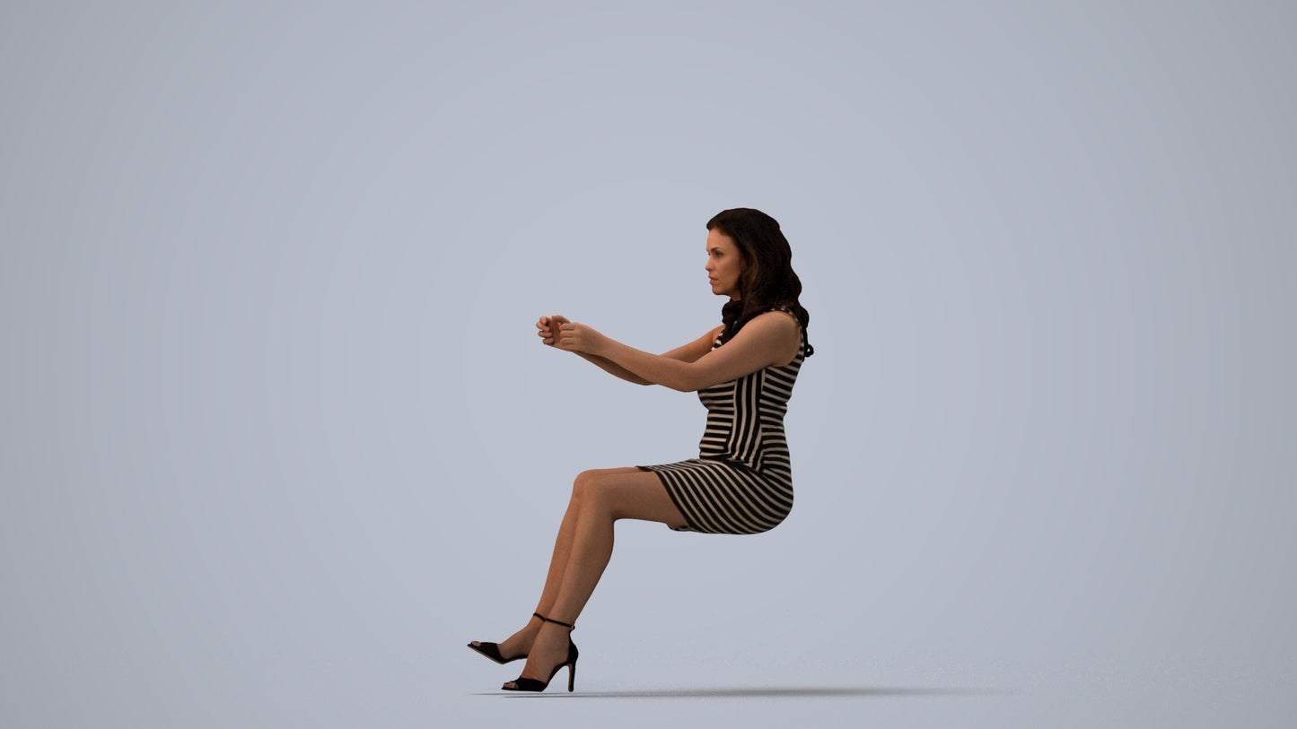 3D scanned woman driving casual, photorealistic archviz people for Enscape and SketchUp, three-quarter view render
