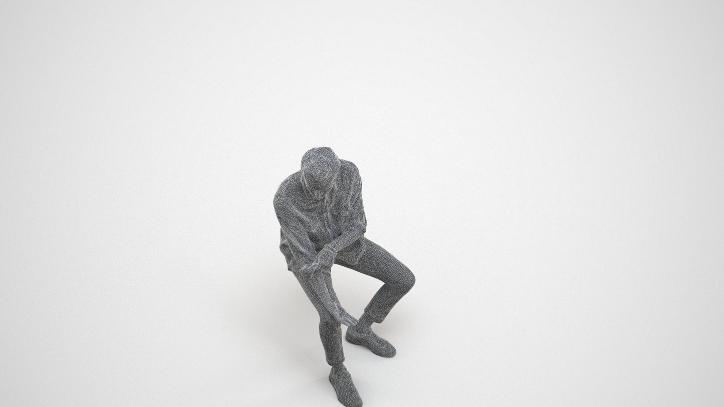 realistic 3D people man casual sitting, render-ready for V-Ray and Corona, FBX OBJ, wireframe three-quarter view