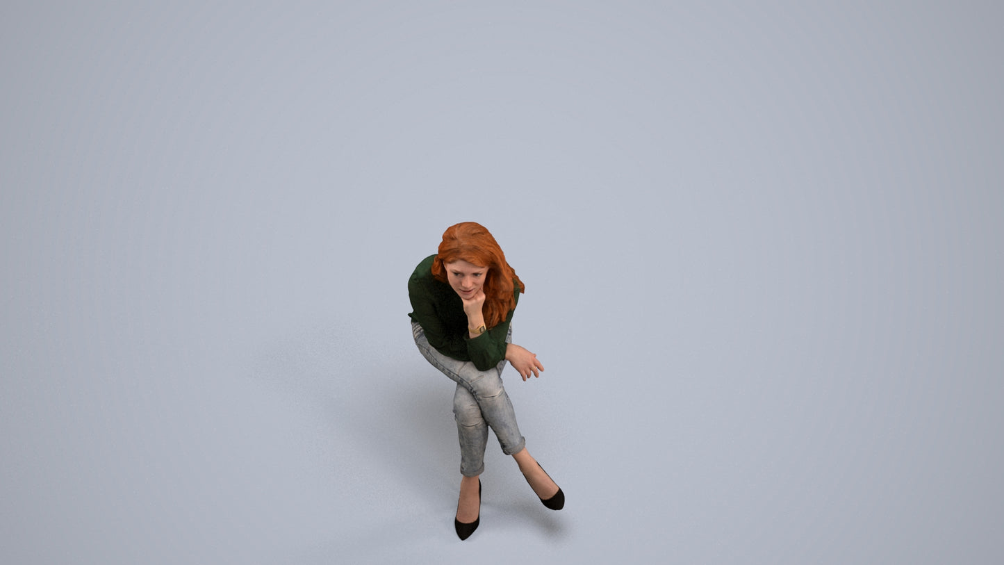 realistic 3D human woman casual sitting, archviz people FBX OBJ for Blender, back view render
