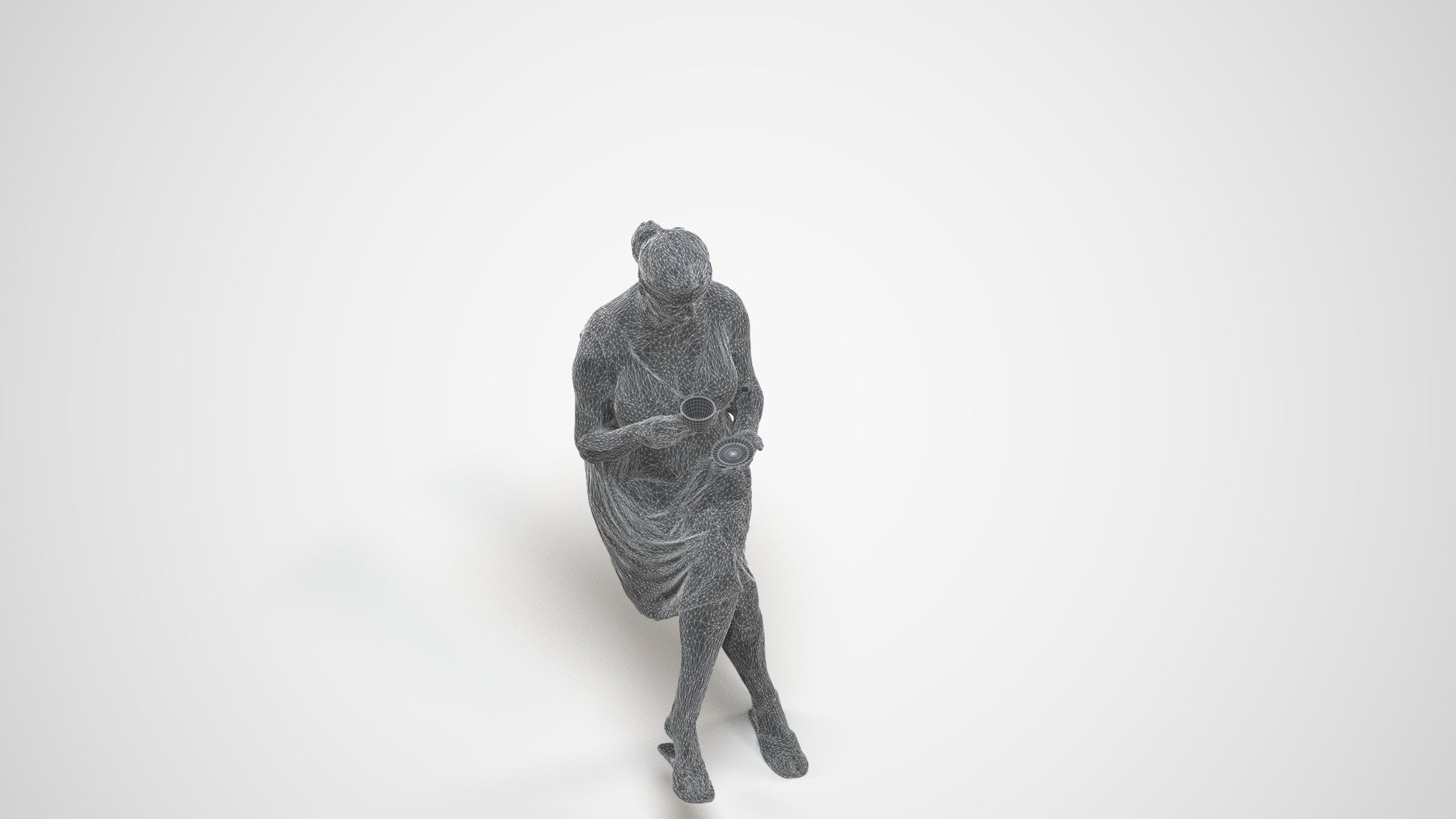 3D scanned woman sitting casual, photorealistic archviz people for Enscape and SketchUp, wireframe three-quarter view