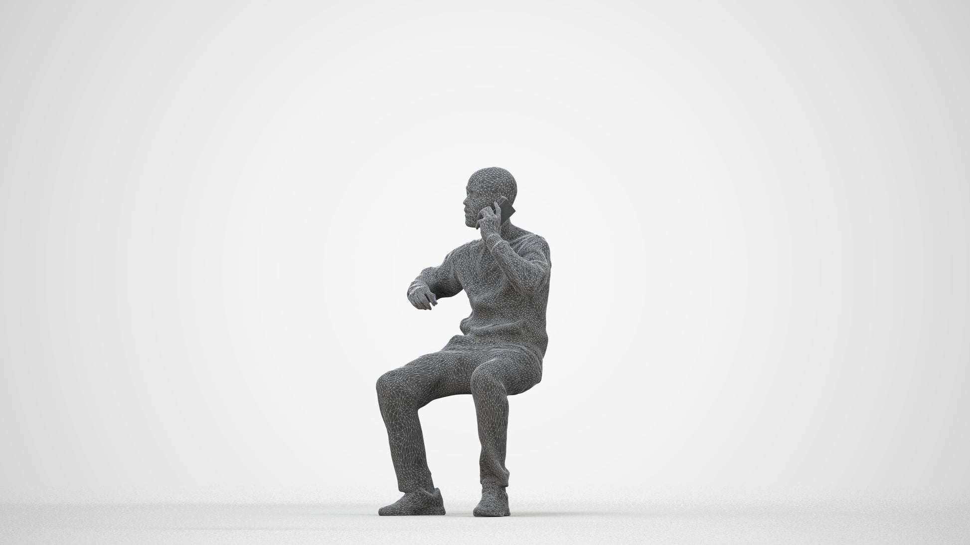 3D human model man sitting, photogrammetry scanned person for archviz, wireframe back view
