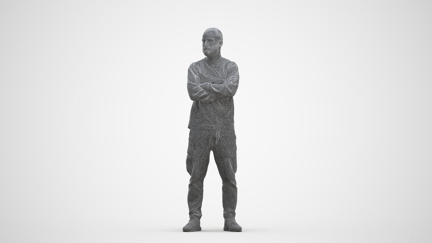 3D human model man casual standing, photogrammetry scanned person for archviz, three-quarter front view render