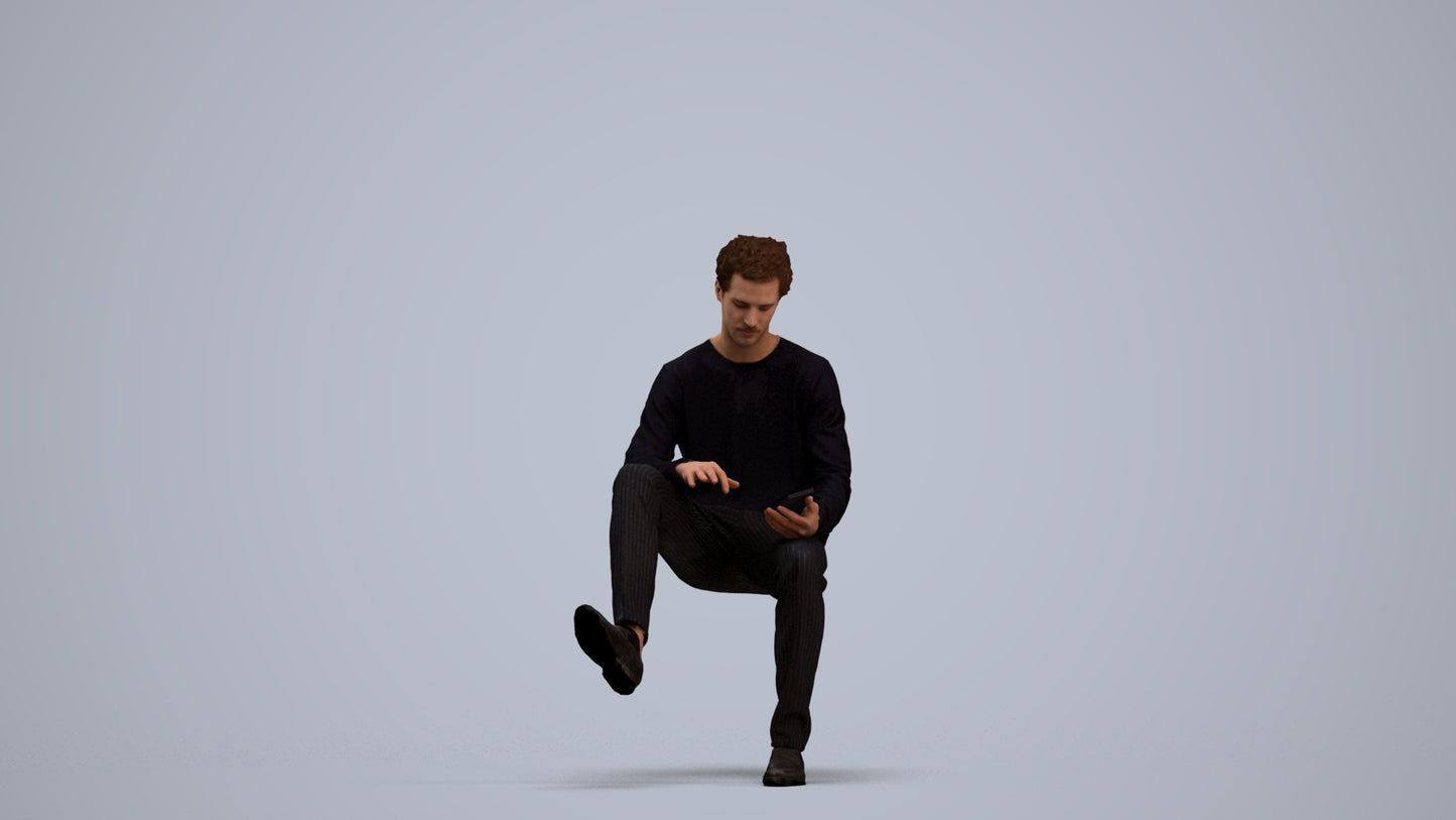 realistic 3D man casual sitting, scanned archviz people for Blender and 3ds Max, standing pose render
