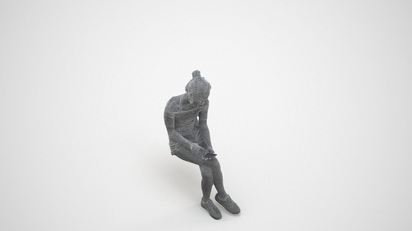 realistic 3D human woman casual sitting, archviz people FBX OBJ for Blender, wireframe three-quarter view