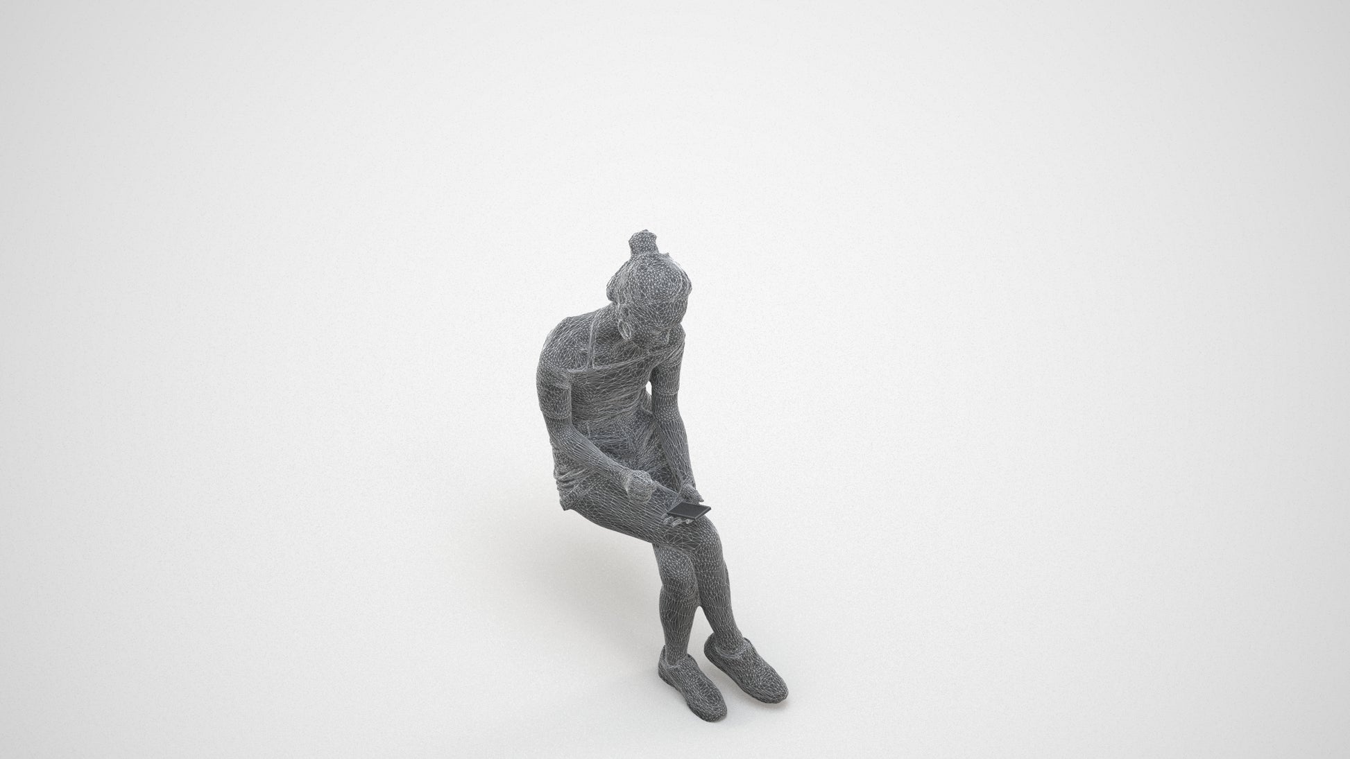 realistic 3D human woman casual sitting, archviz people FBX OBJ for Blender, wireframe three-quarter view