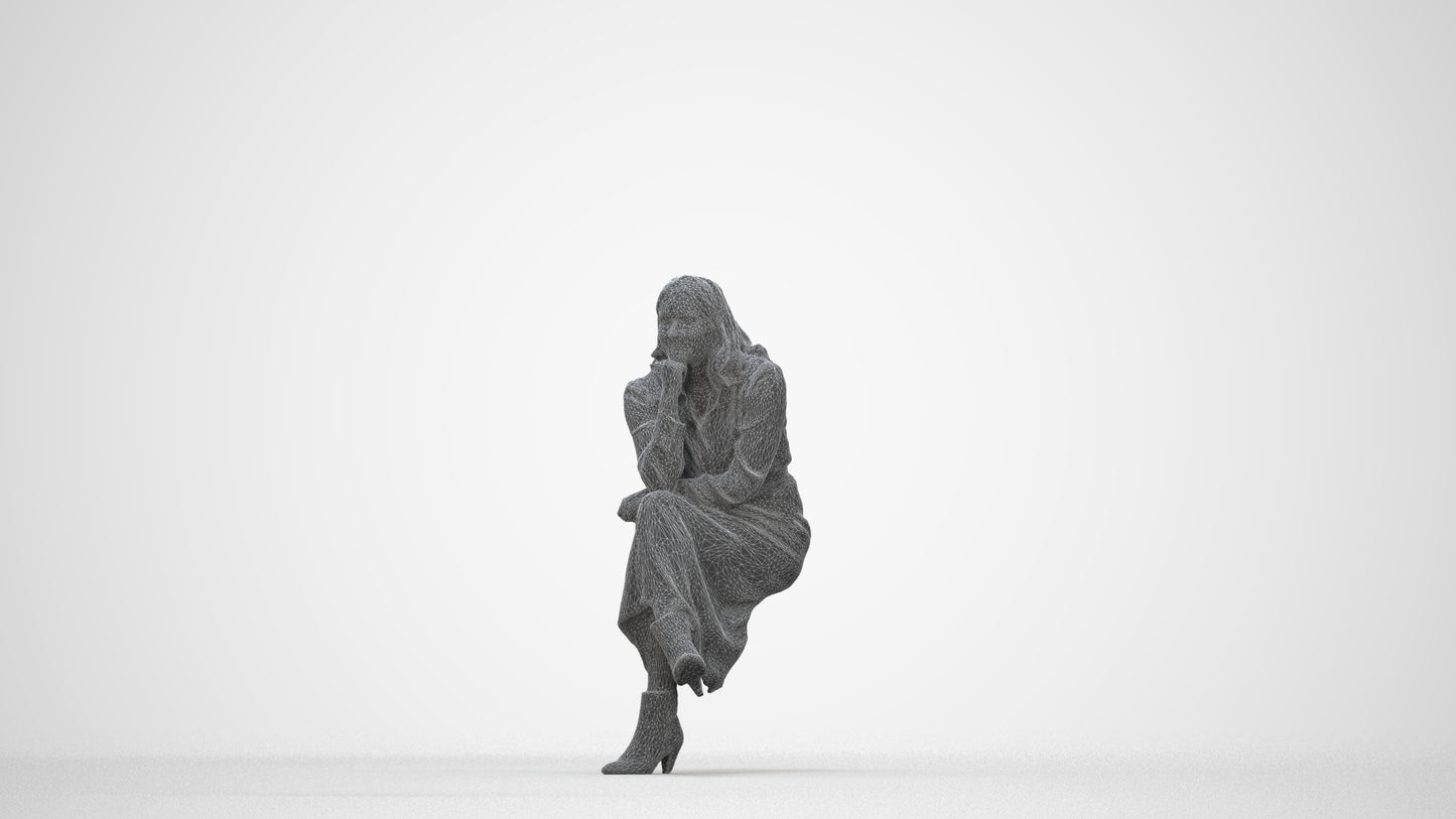 3D scanned woman sitting casual, photorealistic archviz people for Enscape and SketchUp, wireframe back view