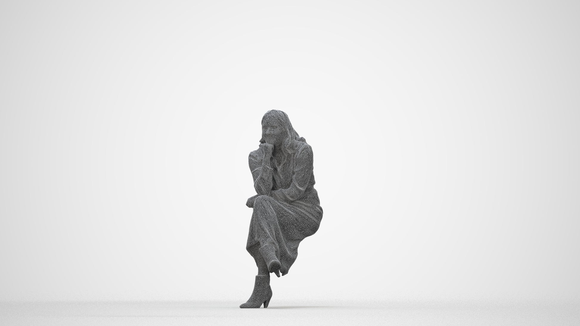 3D scanned woman sitting casual, photorealistic archviz people for Enscape and SketchUp, wireframe back view