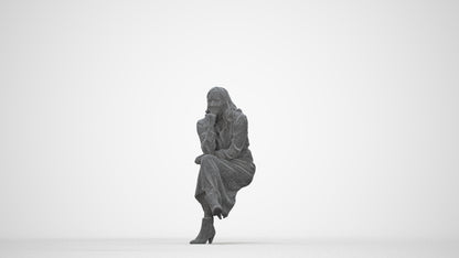 3D scanned woman sitting casual, photorealistic archviz people for Enscape and SketchUp, wireframe back view