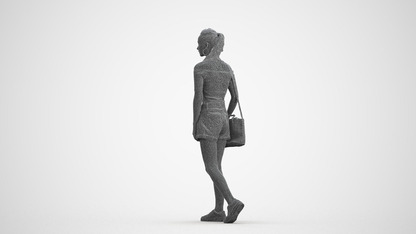 realistic 3D human woman casual walking, archviz people FBX OBJ for Blender, wireframe front view