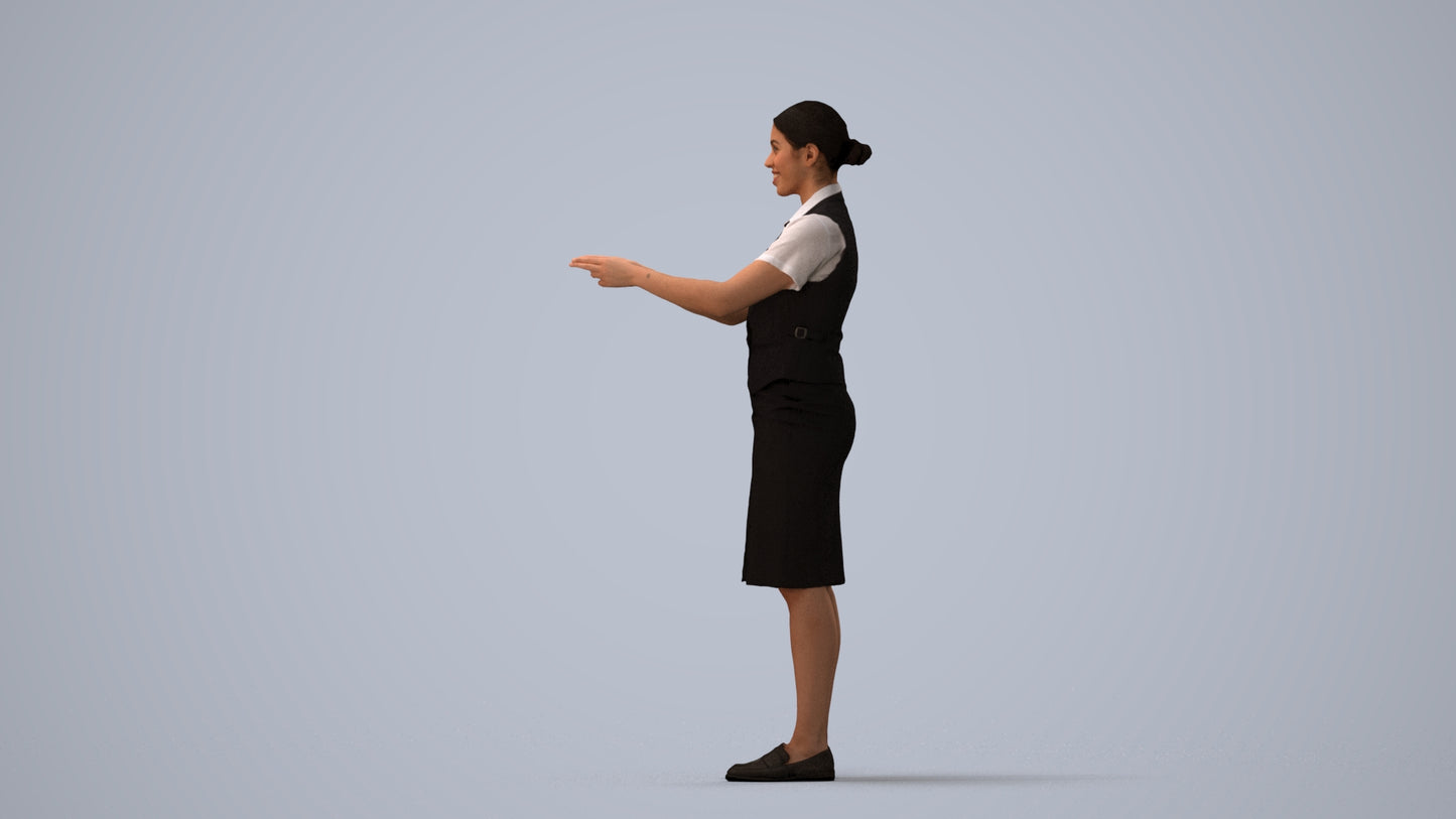photogrammetry 3D woman hospitality, realistic human model archviz FBX, three-quarter view render