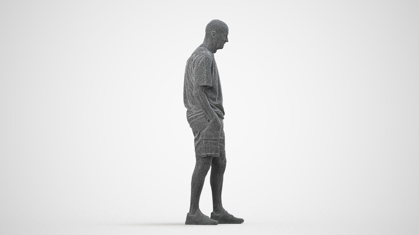 realistic 3D senior man casual standing, scanned archviz people for Blender and 3ds Max, wireframe side view