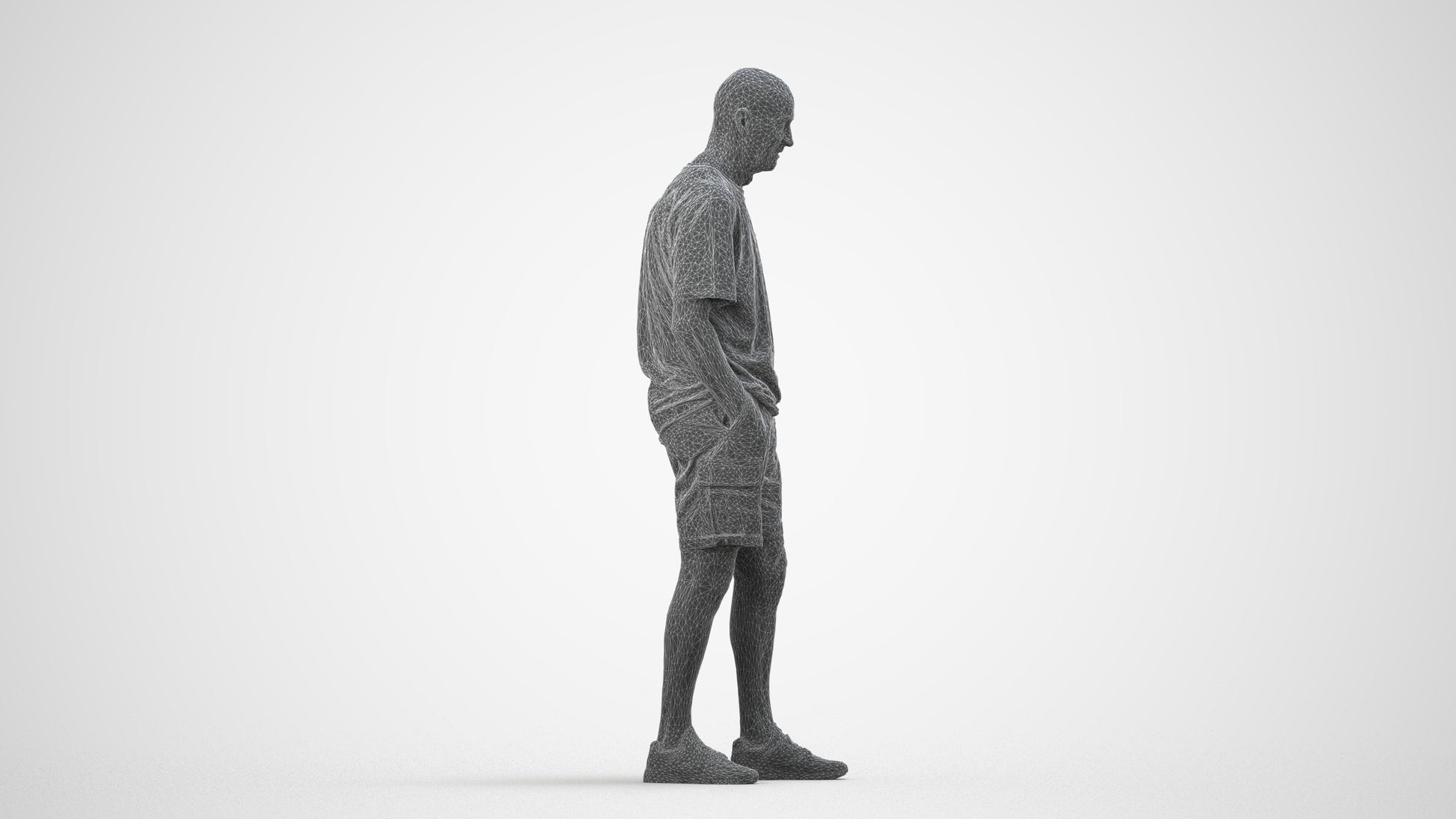 realistic 3D senior man casual standing, scanned archviz people for Blender and 3ds Max, wireframe side view