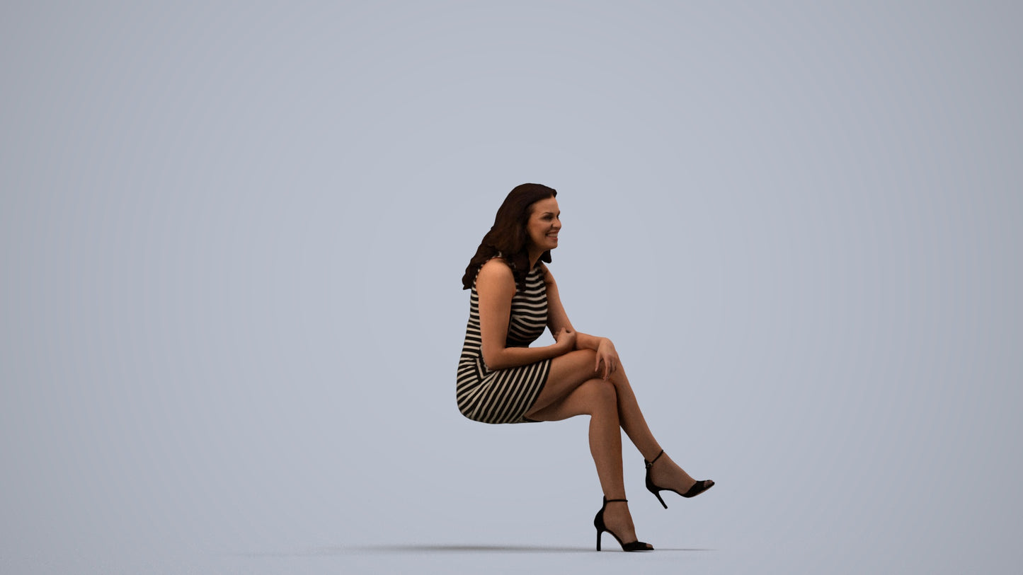 realistic 3D human woman casual sitting, archviz people FBX OBJ for Blender, side view render