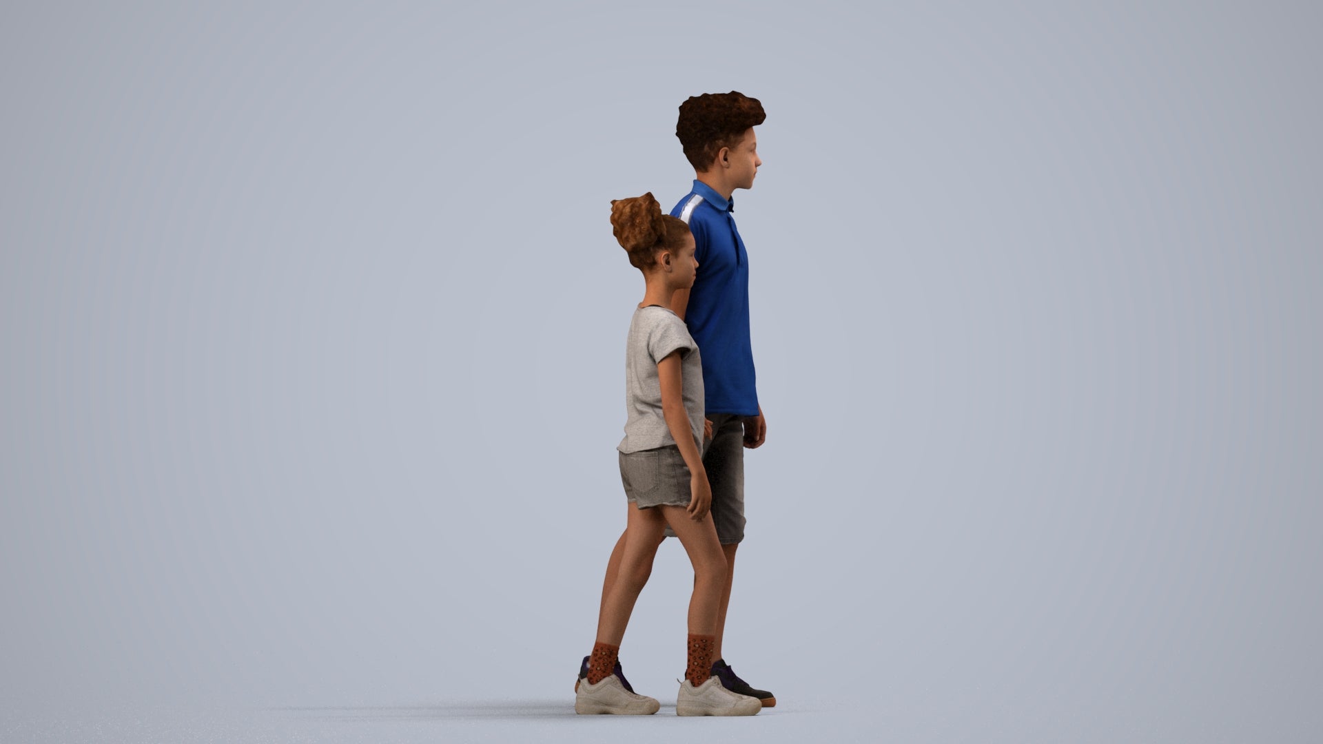 3D human model girl casual kids, photogrammetry scanned person for archviz, side view render
