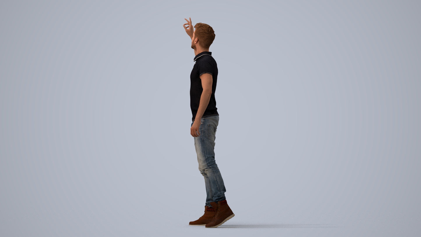 3D human model man casual standing, photogrammetry scanned person for archviz, three-quarter view render