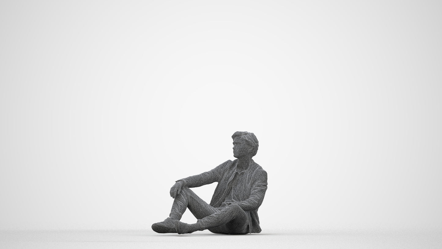 realistic 3D people man casual sitting, render-ready for V-Ray and Corona, FBX OBJ, wireframe back view