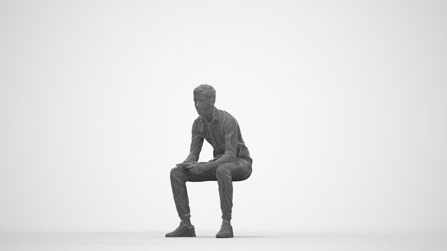 3D people model man casual sitting, scanned human for 3ds Max rendering, wireframe back view