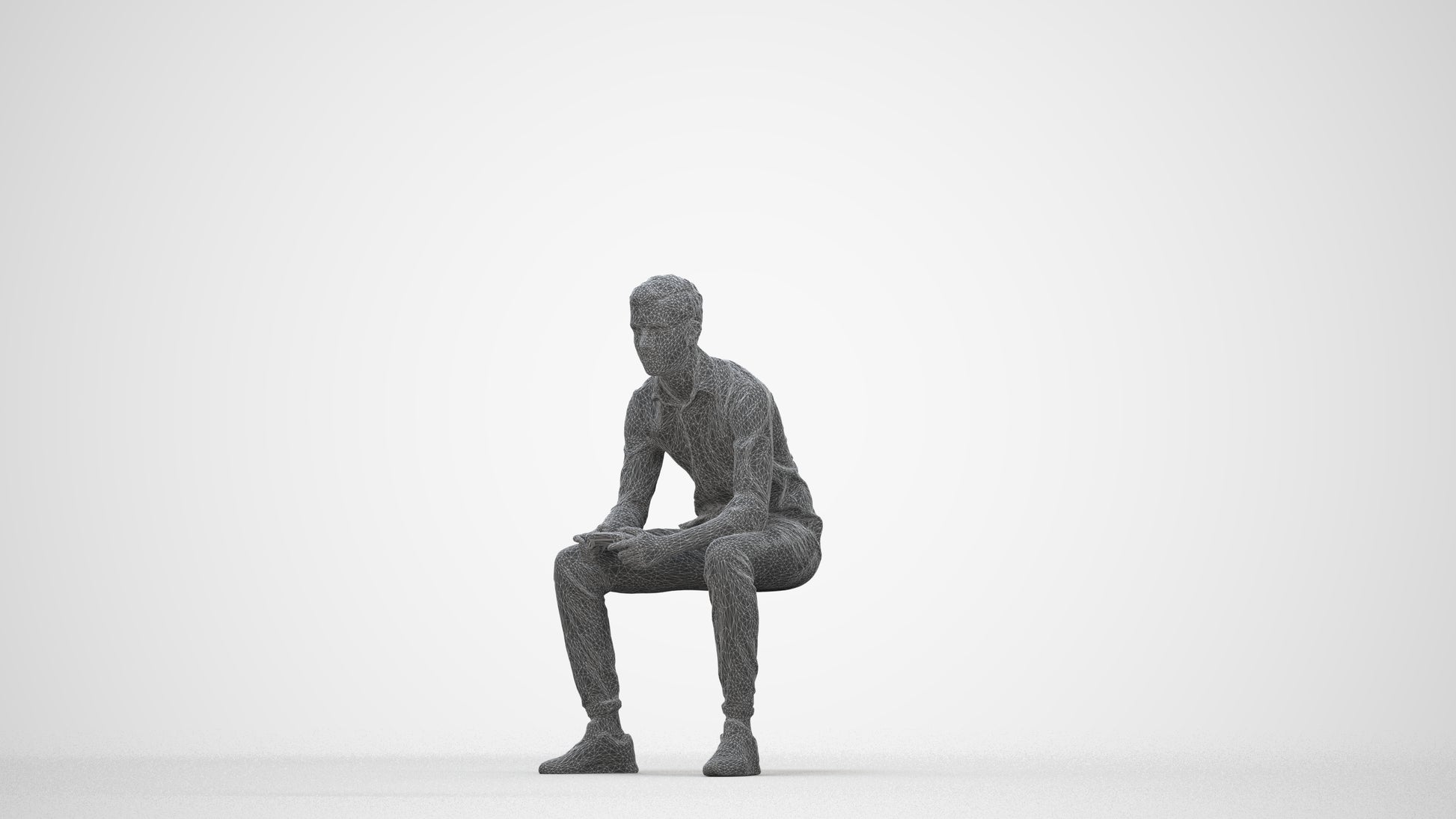 3D people model man casual sitting, scanned human for 3ds Max rendering, wireframe back view