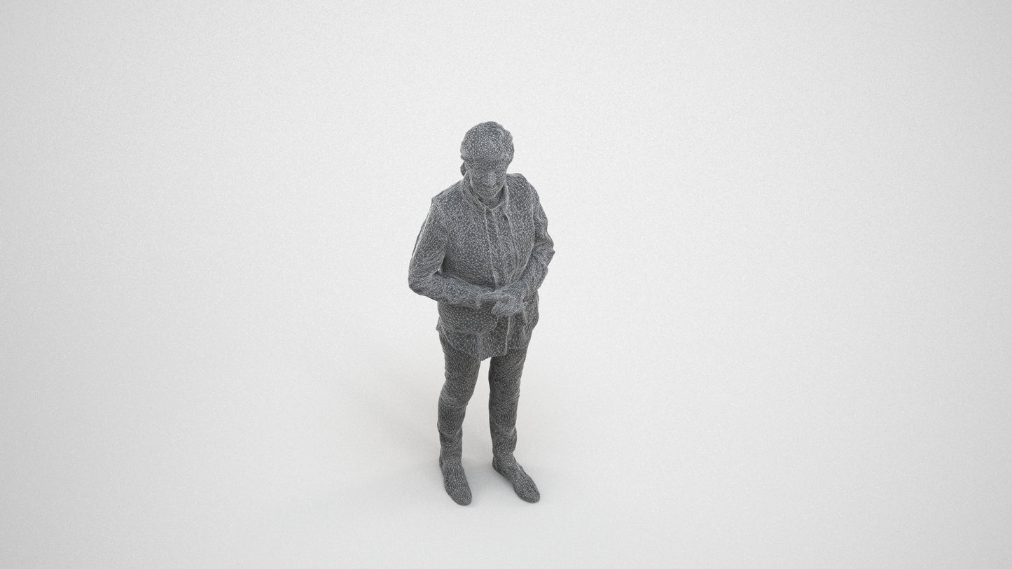 realistic 3D senior woman casual standing, scanned archviz people for Blender and 3ds Max, wireframe three-quarter view
