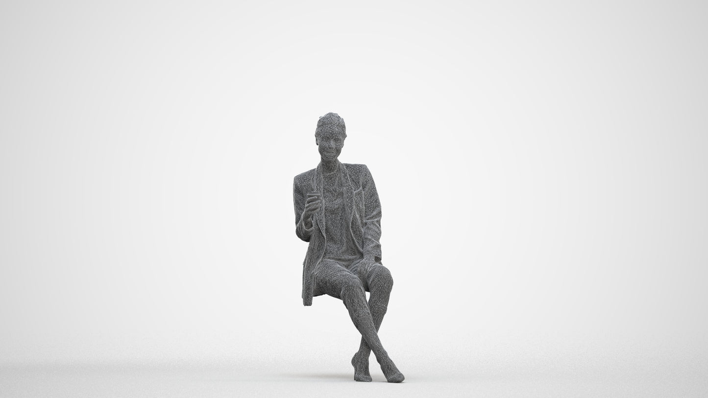 3D scanned woman sitting business, photorealistic archviz people for Enscape and SketchUp, three-quarter front view render