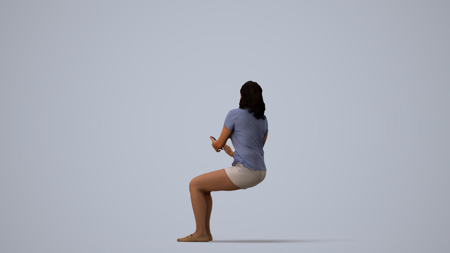 realistic 3D woman casual sitting, scanned archviz people for Blender and 3ds Max, three-quarter view render