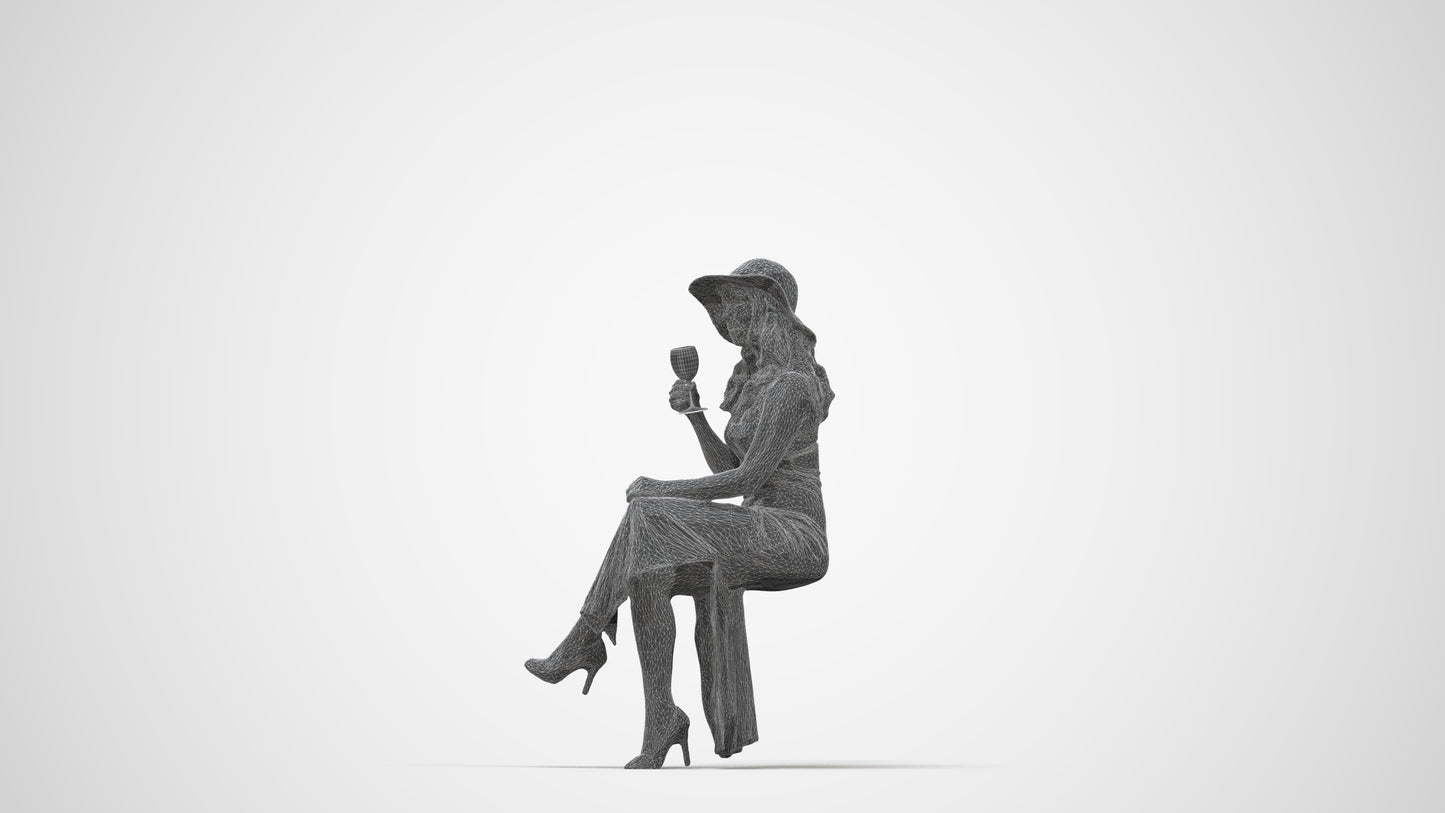 3D scanned woman sitting casual, photorealistic archviz people for Enscape and SketchUp, wireframe back view