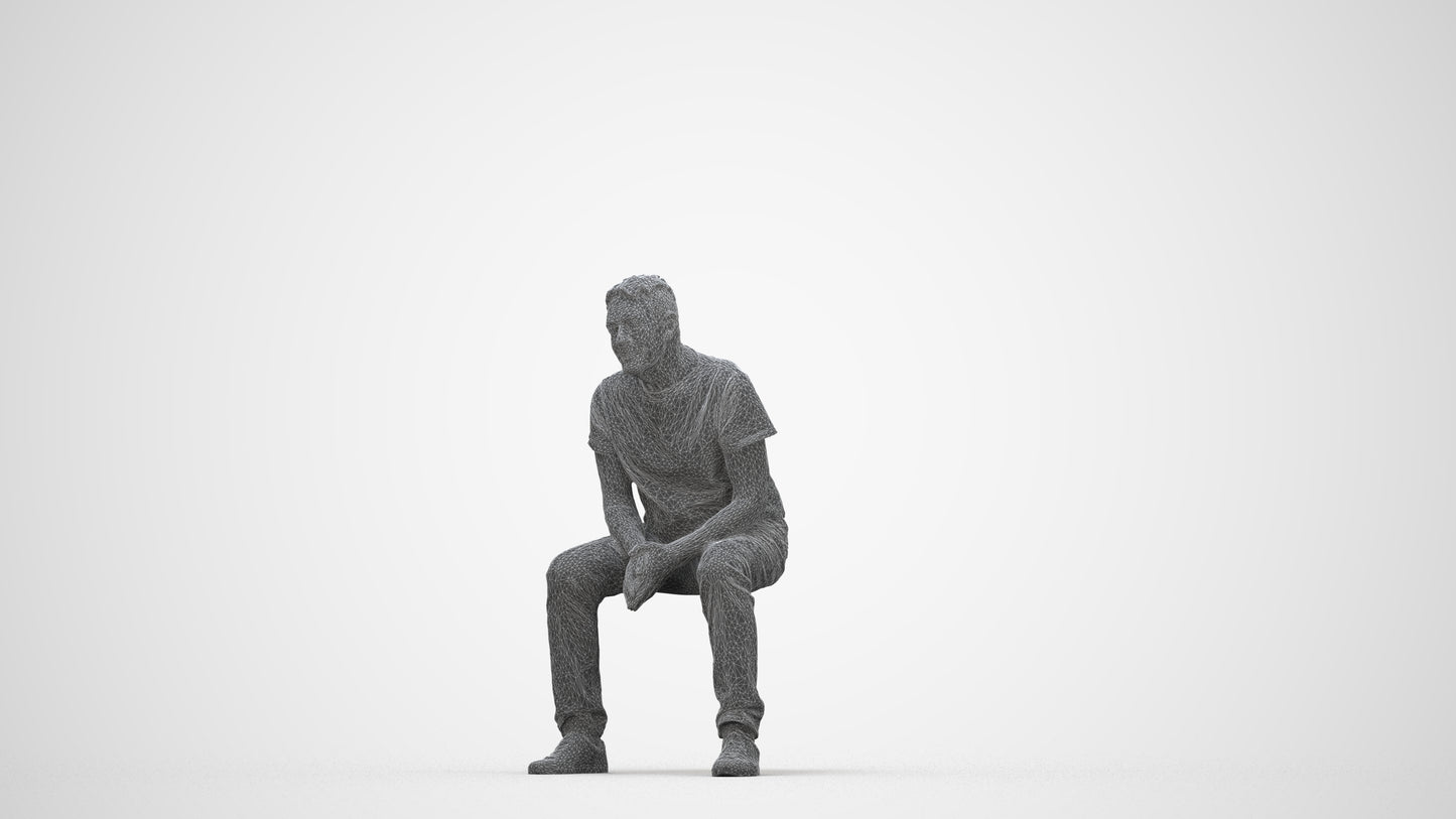 3D people model senior man casual sitting, scanned human for 3ds Max rendering, wireframe back view