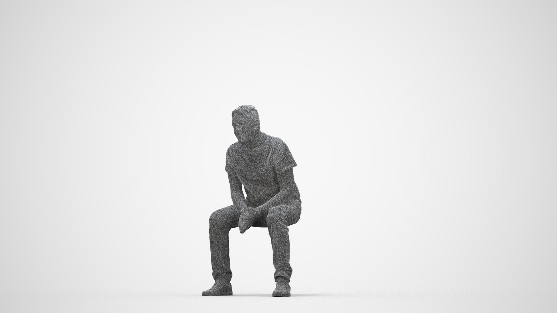 3D people model senior man casual sitting, scanned human for 3ds Max rendering, wireframe back view