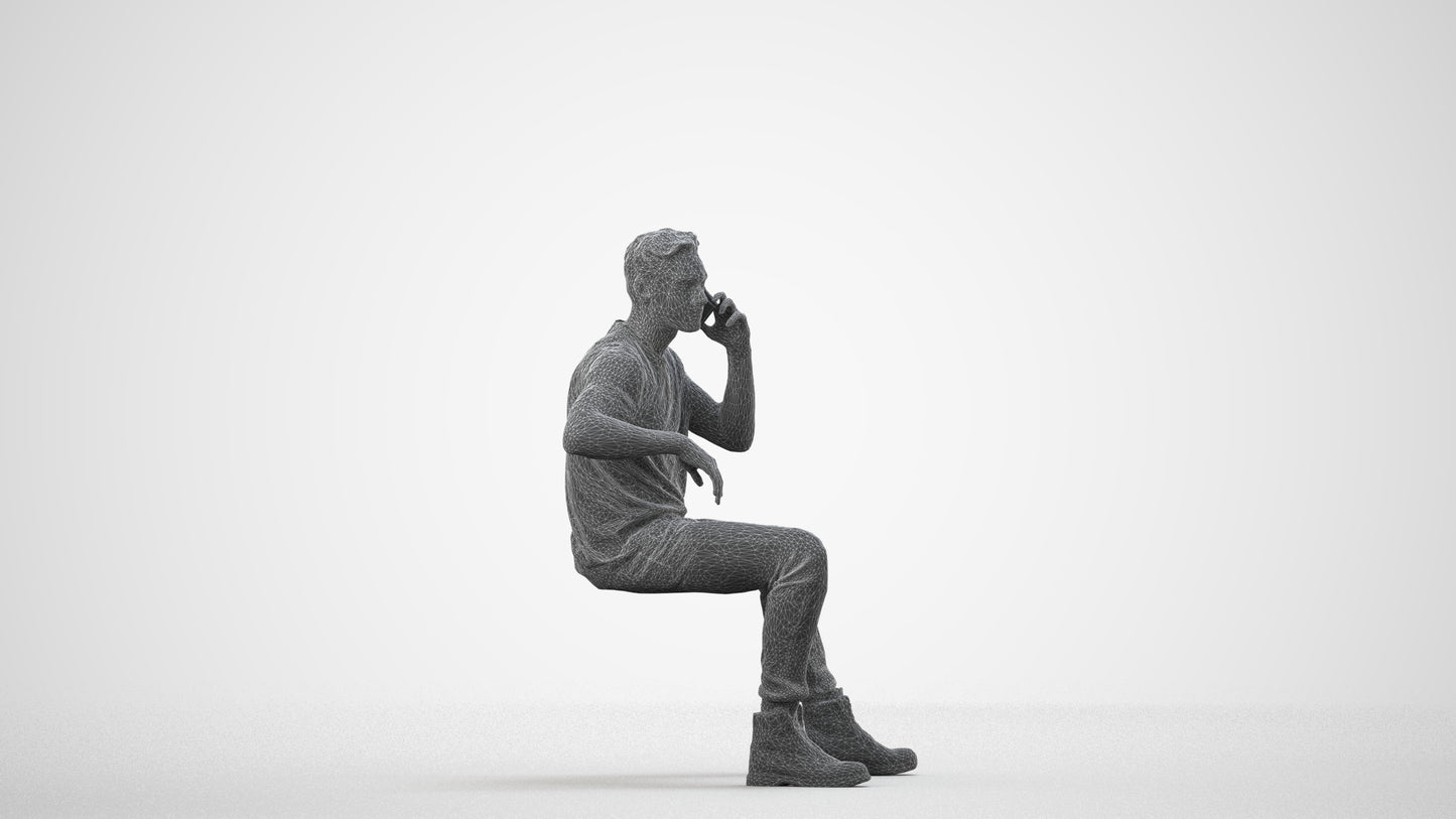 3D people model man casual sitting, scanned human for 3ds Max rendering, wireframe side view