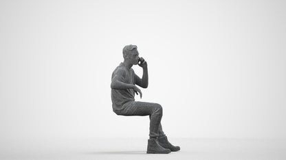 3D people model man casual sitting, scanned human for 3ds Max rendering, wireframe side view