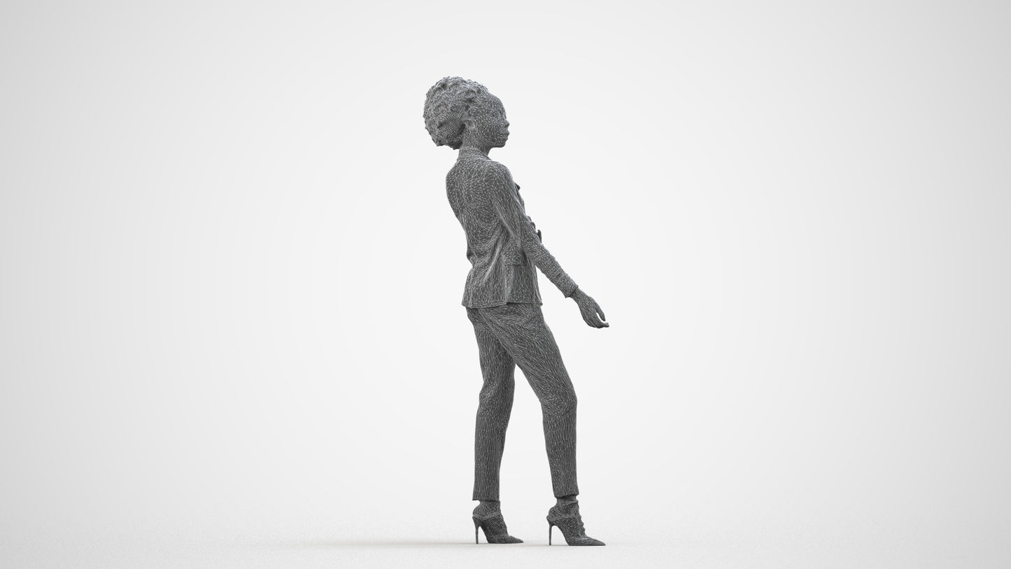 3D scanned woman standing business, photorealistic archviz people for Enscape and SketchUp, wireframe side view