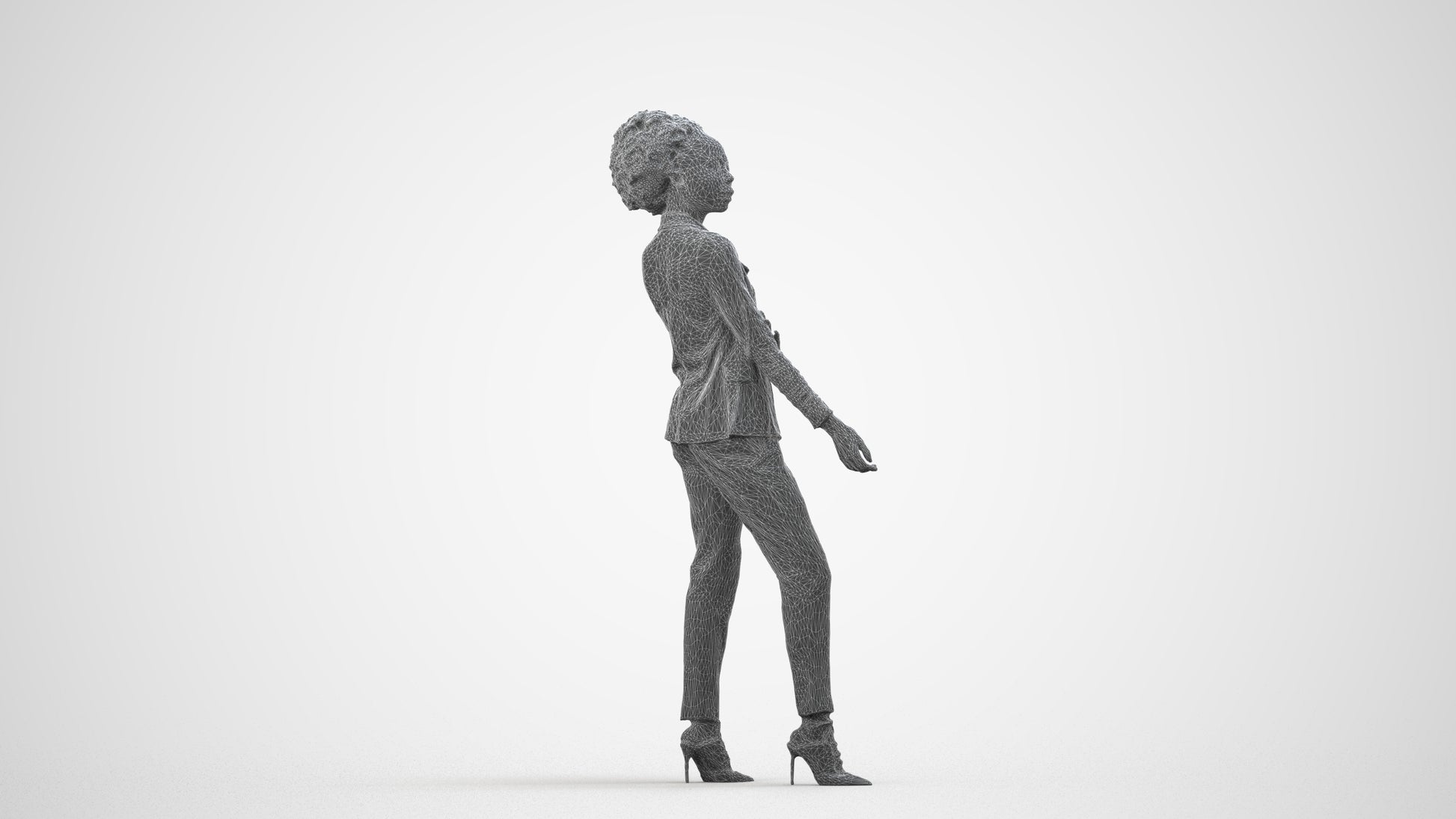 3D scanned woman standing business, photorealistic archviz people for Enscape and SketchUp, wireframe side view