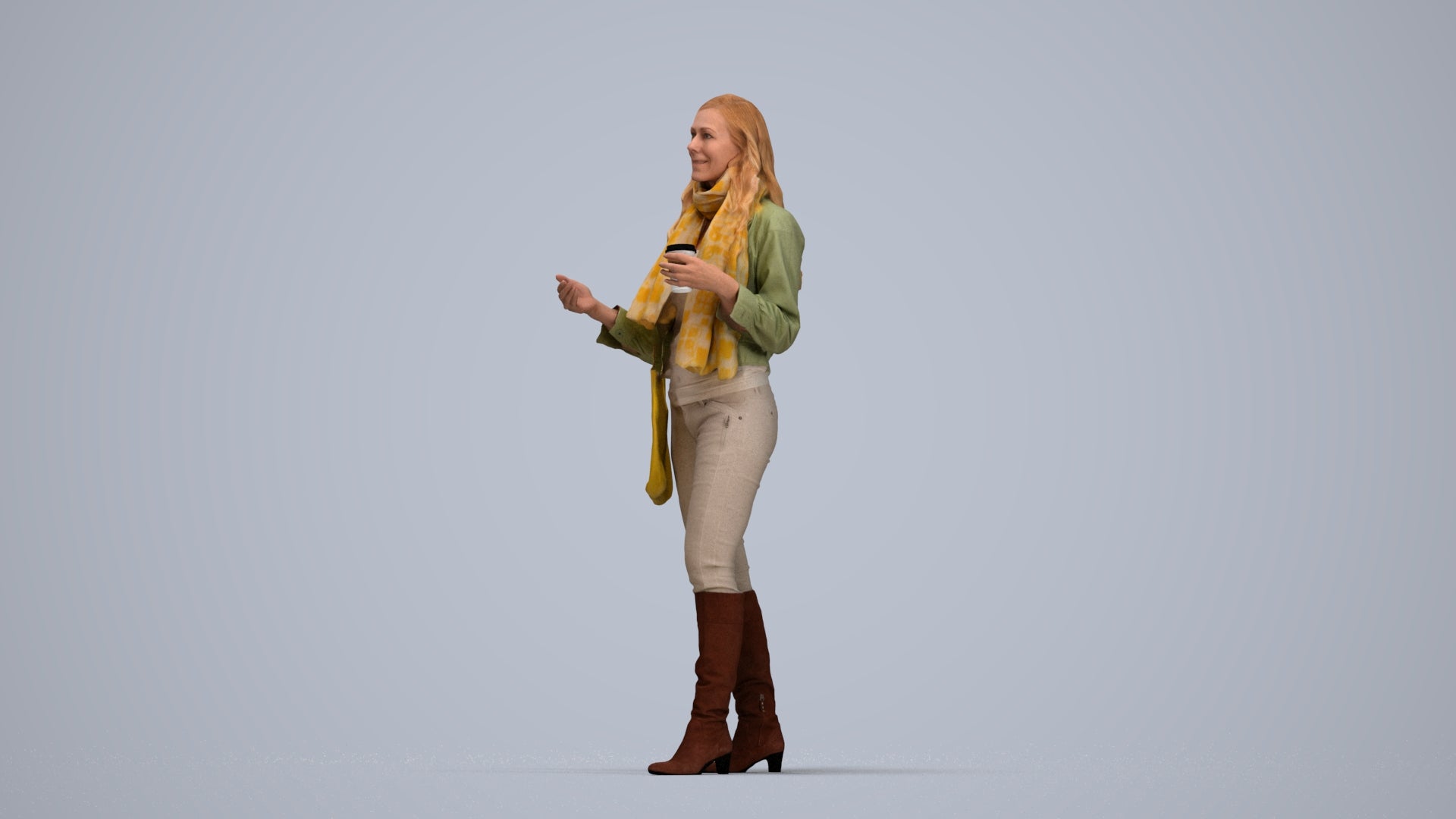 3D human model woman casual standing, photogrammetry scanned person for archviz, top-down view render