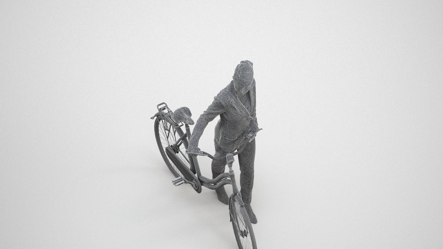 realistic 3D human woman business cycling, archviz people FBX OBJ for Blender, wireframe three-quarter view