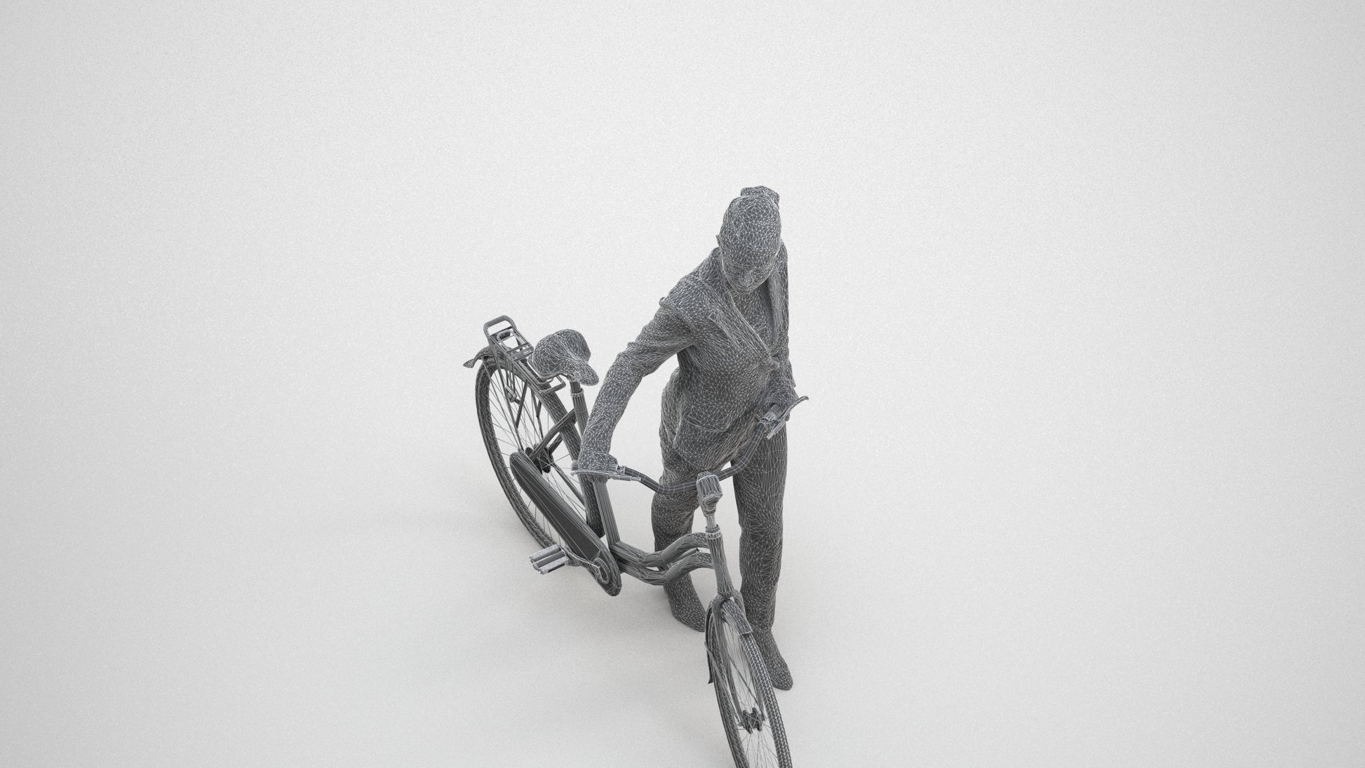 realistic 3D human woman business cycling, archviz people FBX OBJ for Blender, wireframe three-quarter view
