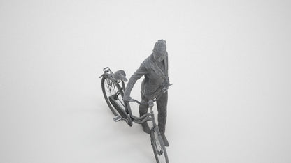 realistic 3D human woman business cycling, archviz people FBX OBJ for Blender, wireframe three-quarter view