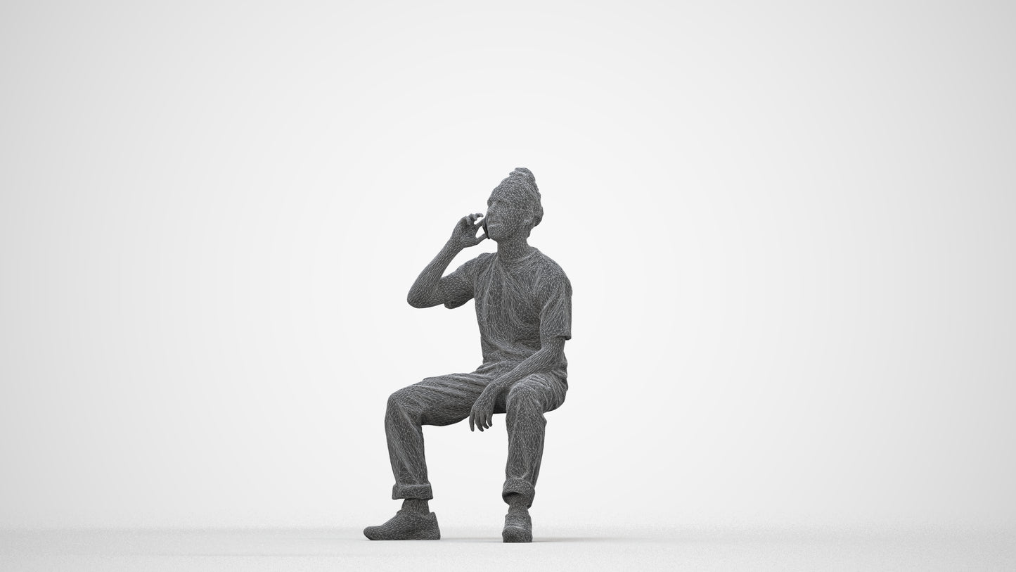 3D people model man casual sitting, scanned human for 3ds Max rendering, wireframe back view