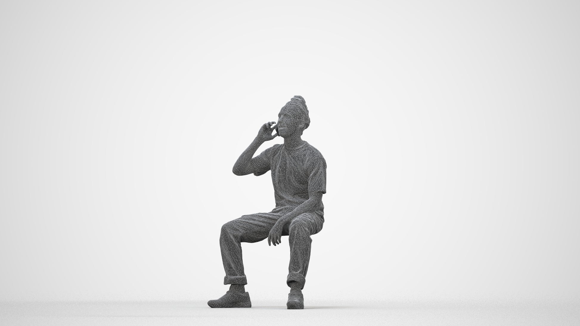 3D people model man casual sitting, scanned human for 3ds Max rendering, wireframe back view