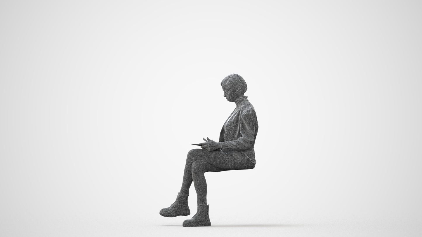 realistic 3D woman business sitting, scanned archviz people for Blender and 3ds Max, square thumbnail
