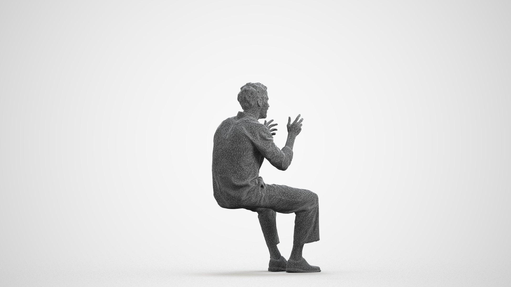 3D scanned man sitting casual, photorealistic archviz people for Enscape and SketchUp, wireframe front view