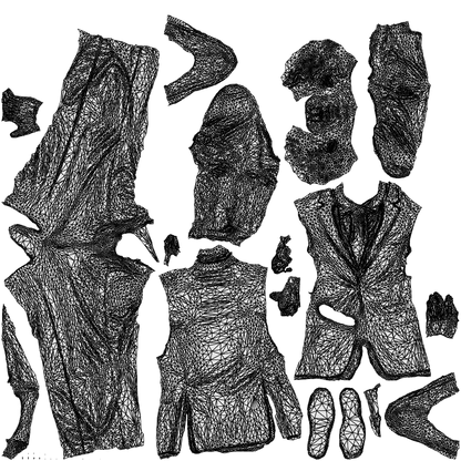 3D human model man business, photogrammetry scanned person for archviz, wireframe top-down view
