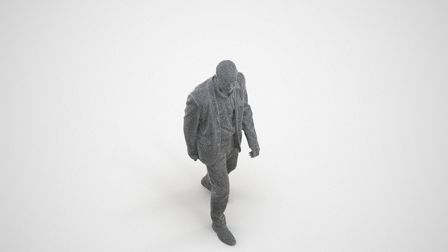 3D human model senior man business, photogrammetry scanned person for archviz, wireframe three-quarter view