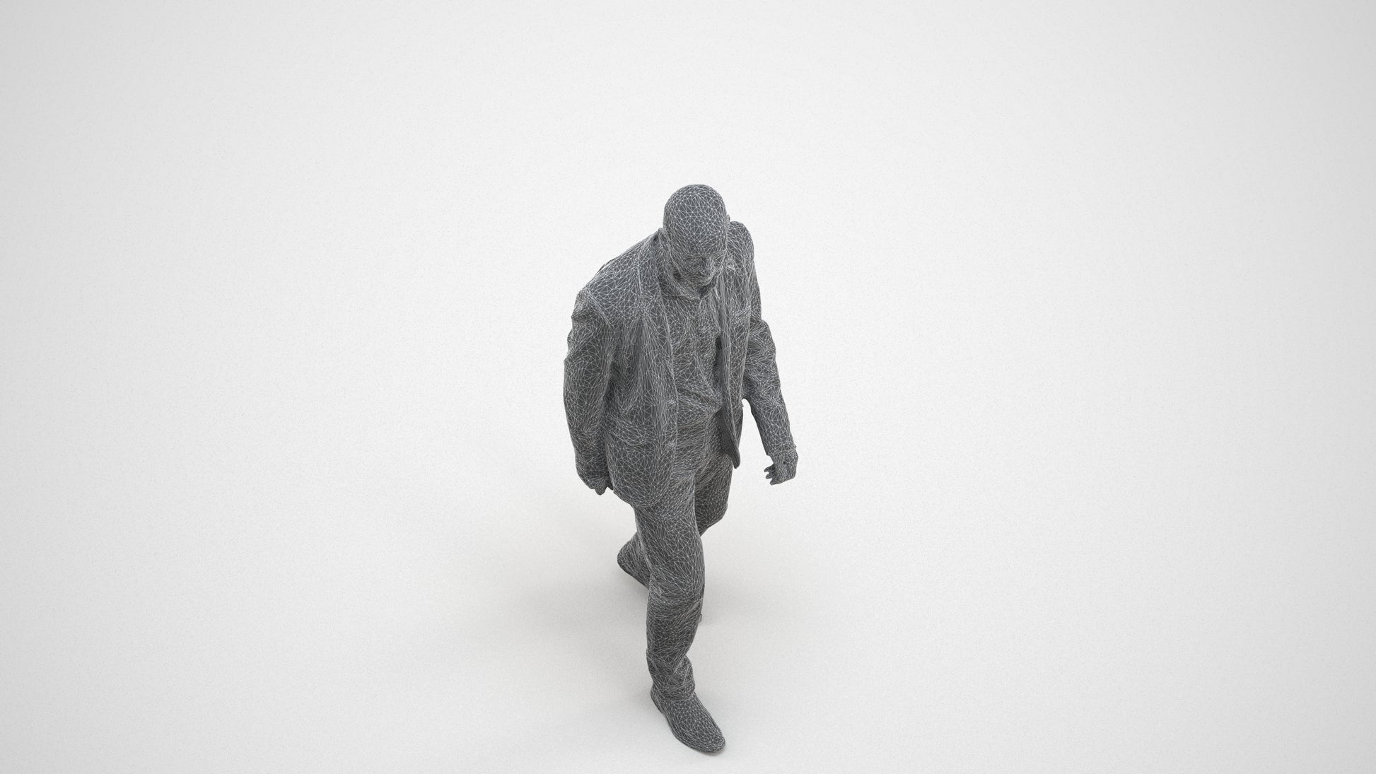 3D human model senior man business, photogrammetry scanned person for archviz, wireframe three-quarter view