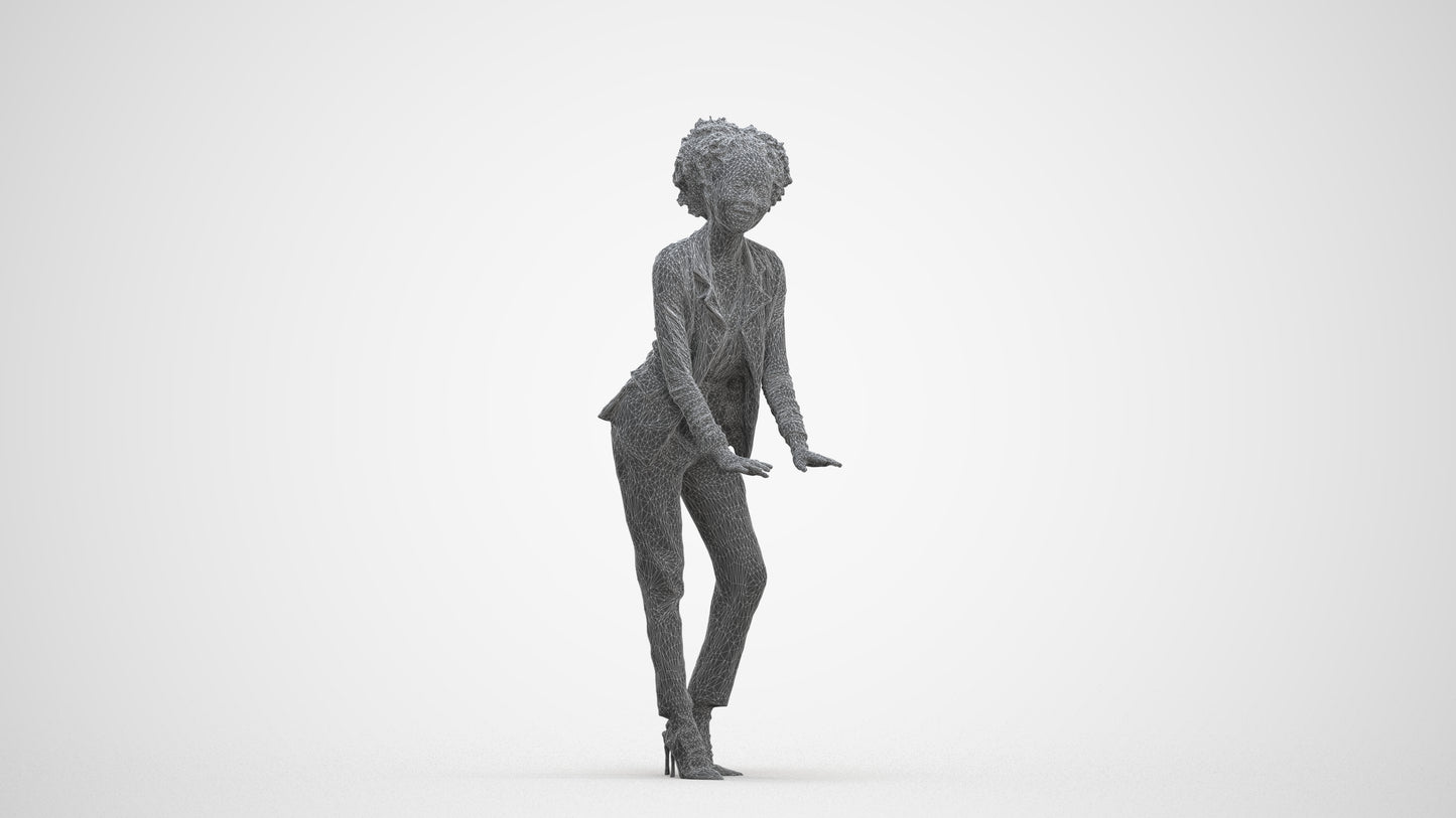 realistic 3D human woman business standing, archviz people FBX OBJ for Blender, three-quarter front view render