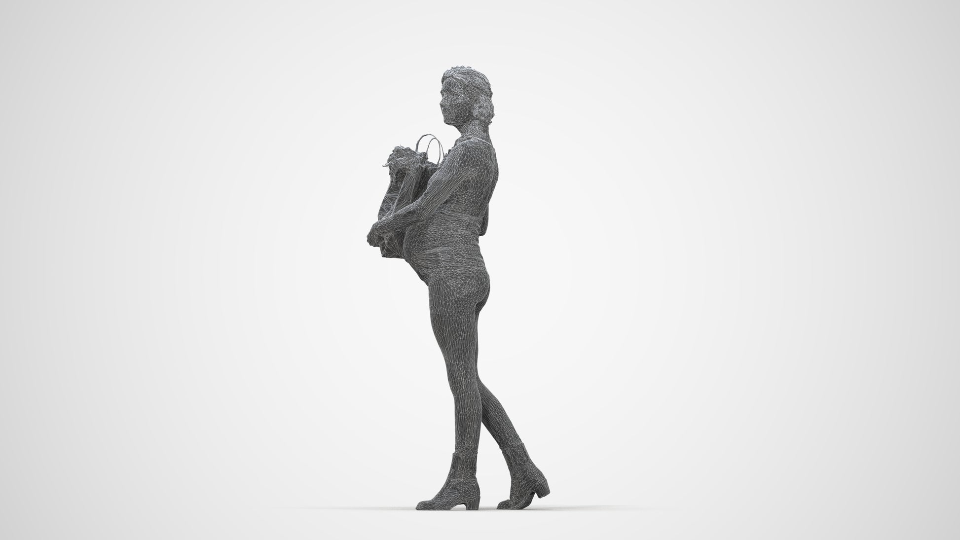 3D people model woman casual walking, scanned human for 3ds Max rendering, wireframe back view
