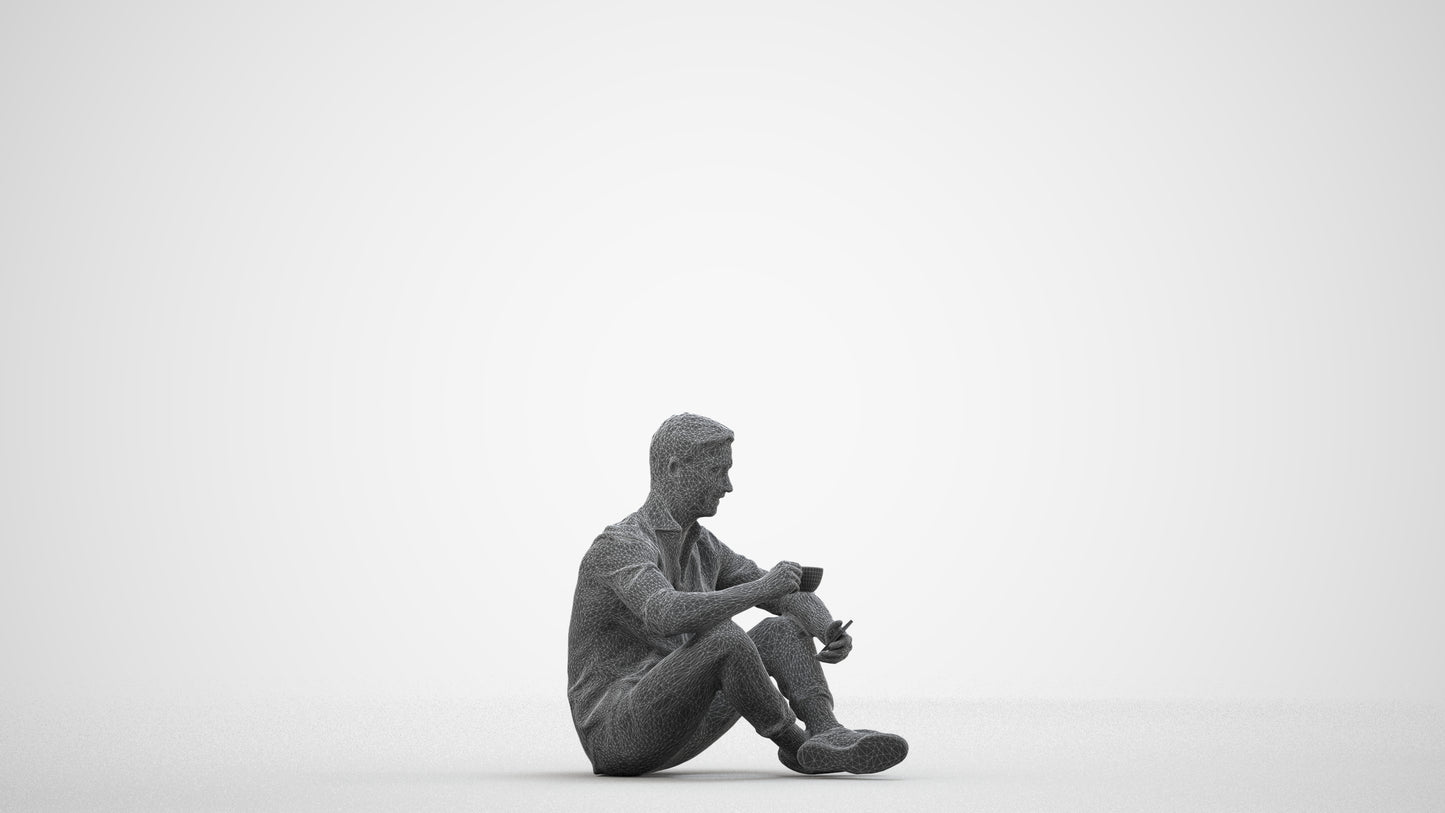 3D scanned man sitting casual, photorealistic archviz people for Enscape and SketchUp, wireframe side view