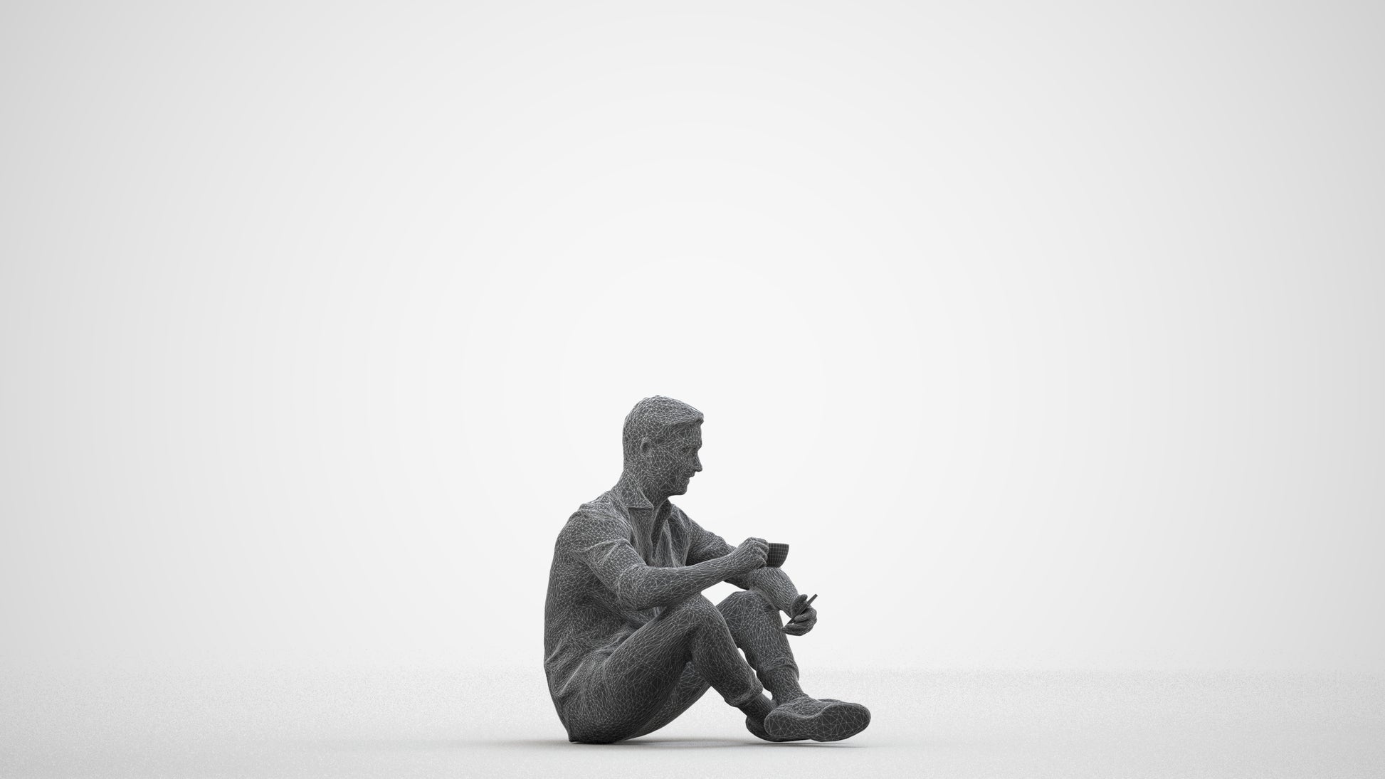 3D scanned man sitting casual, photorealistic archviz people for Enscape and SketchUp, wireframe side view
